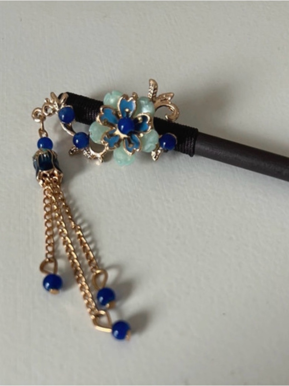 Gold-Tone Blue Floral Hair Stick with Aqua Petals